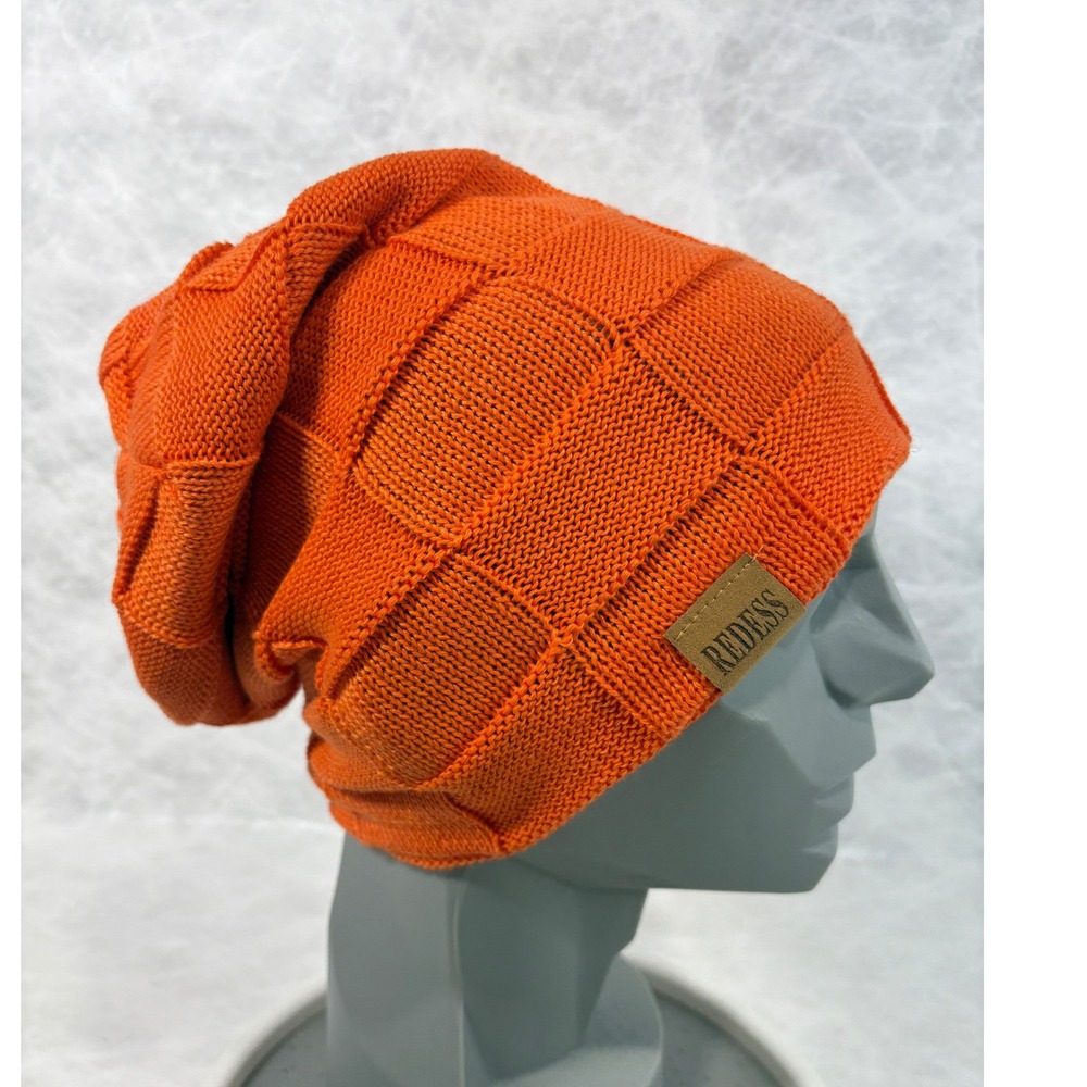 Redess Mens Orange Slouchy Beanie Fleece Lined Knit Checkerboard Winter Hat